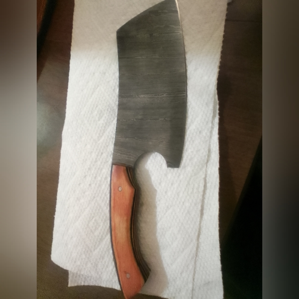 Handcrafted Damascus Steel and Brown Cleaver Knife And Leather Sheath